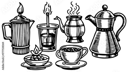 Very beautiful collection of hand-drawn coffee cups and makers with steam, showcasing various brewing styles and elegant sketch details in vintage cafe illustration style.