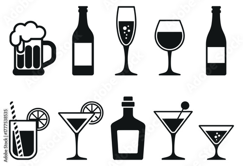 Wine, Beer, and Cocktail Glasses. Silhouette Alcohol Beverage Collection.