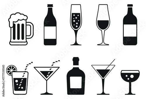 Alcohol Drinks Beverage Silhouettes. Wine, Beer, and Cocktails in Vector Design