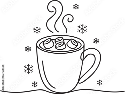 Cozy hand drawn line art illustration of a steaming mug of hot chocolate topped with marshmallows surrounded by falling snowflakes perfect for winter and holiday themes