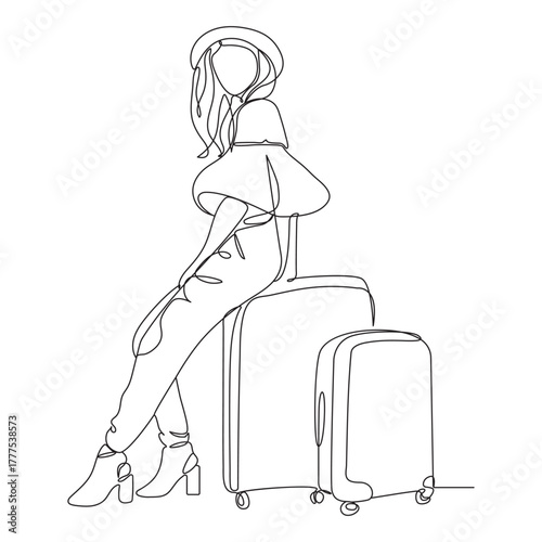 Continuous line drawing of traveler woman with luggage single line art.
