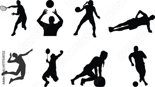 Silhouette Collection of Athletes Engaging in Various Sports and Fitness Activities