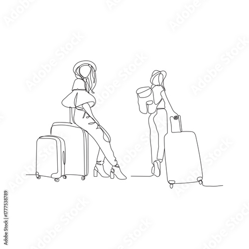 Continuous line drawing of traveler woman with luggage single line art.