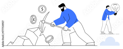Man mining rocks to uncover money in different currencies, while another person carries a glowing lightbulb. Ideal for finance, innovation, investment, motivation, creativity, business growth