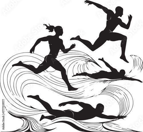 Dynamic silhouettes of athletes running and swimming through swirling abstract water or waves conveying movement and energy in a stylized graphic illustration
