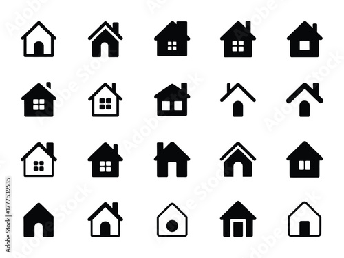 A collection of simple house icons in various styles, presented in black and white.