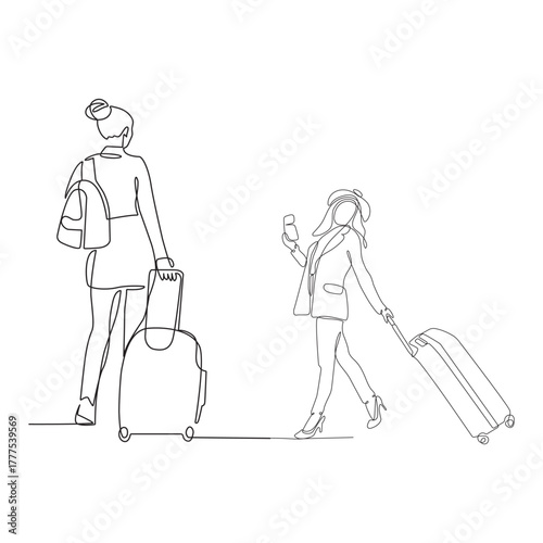 Continuous line drawing of traveler woman with luggage single line art.
