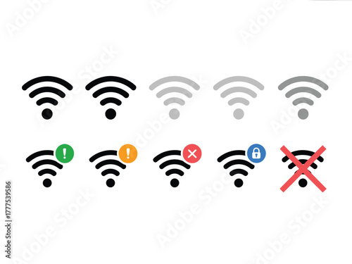 A collection of Wi-Fi signal icons representing different signal strengths and status conditions.
