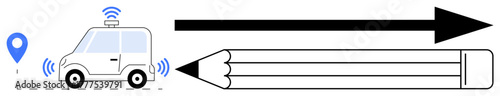 Self-driving car with location pin and wireless signals beside pencil and arrow. Ideal for technology, innovation, transportation, progress, future, AI, automation as simple flat metaphor