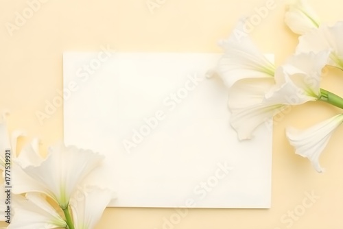 simple Composition with blank card and white gladiolus flowers on beige background