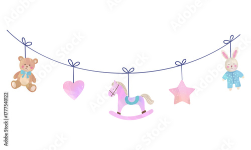 Handpainted watercolor baby mobile. Cute pastel hanging toys for kids room and nursery design.