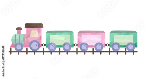 Watercolor toy train in pastel colors. Cute baby locomotive illustration isolated on white background.