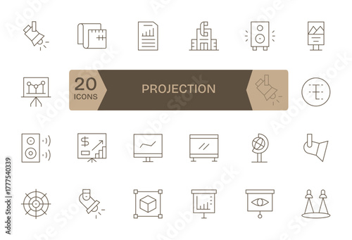 Thin Line Style Projection Vector Icons with 24 128x128 Grid Fitted Designs