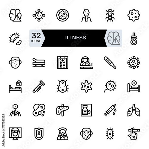 Illness Vector Icon Toolkit featuring 32 Pixel Aligned 256x256 Bold Line elements