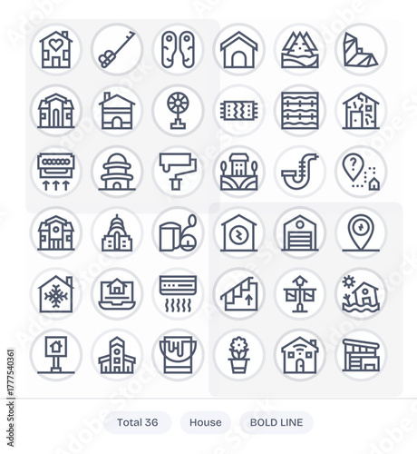 36 High Resolution Bold Line Vector Icons for House with PIXEL Perfect precision