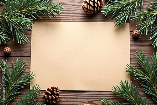 simple A blank kraft paper card framed by dark spruce branches and pine cones on rustic wooden background