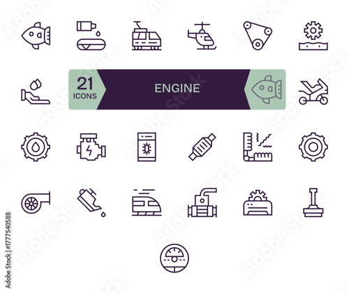 Engine including 25 64x64 Regular Line Vector Illustrations