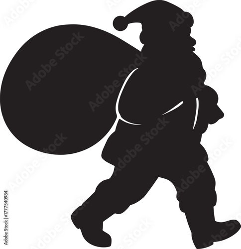 Santa Claus Carrying Large Gift Sack Silhouette – Classic Christmas Vector Illustration, Festive Holiday Design in Solid Black