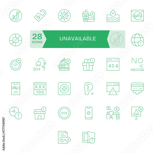 32 Thin Line Vector Icons designed for Unavailable in 128x128 Pixel Aligned format