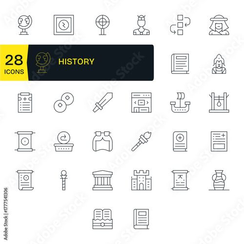 History Vector Graphics Pack including 32 Thin Line High Resolution PIXEL Perfect Icons