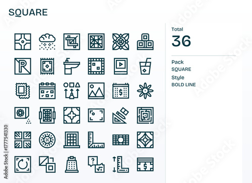 Square Vector Graphics Pack including 36 Bold Line Retina Ready Pixel Aligned Icons