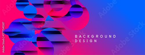 Abstract vibrant design. Overlapping shapes create dynamic visual effect. Blue, pink, purple gradients dominate composition. Modern background texture.