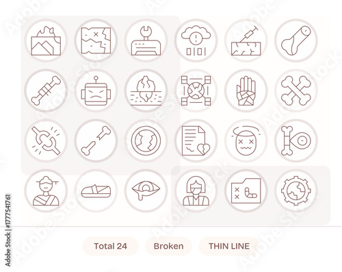 Broken Vector Icon Set with 24 Thin Line 128x128 Display Perfect Graphics