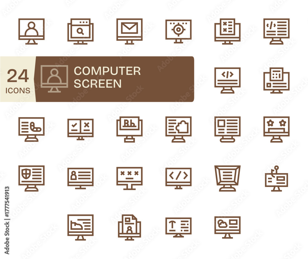 Fototapeta premium Computer Screen 64x64 Vector Icon Pack with 24 Bold Line Pixel Aligned Elements