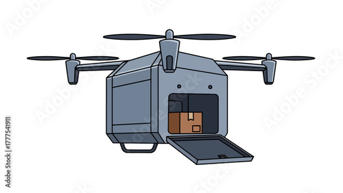 A blue delivery drone with its cargo bay open carrying a brown box