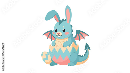 A blue rabbitdragon hybrid hatches from a patterned egg