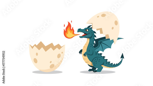 A blue dragon emerging from a cracked egg and breathing fire