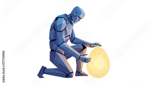 A blue robot kneels over a glowing yellow egg