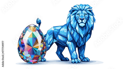 A blue geometric lion stands beside a faceted gem egg