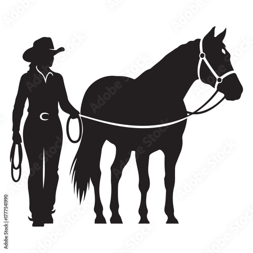 Cowboy leading horse by reins, ranch wrangler walking with saddled animal, western farm life silhouette vector