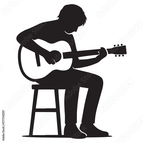 Man playing acoustic guitar sitting on stool, country folk musician performance, singer‑songwriter silhouette vector