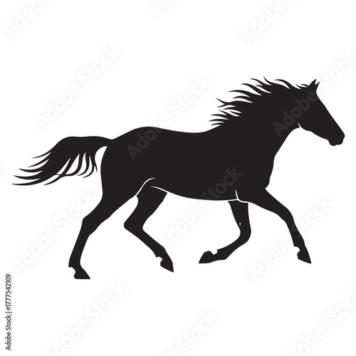  Trotting pony silhouette, young horse walking side view, calm equestrian animal icon vector