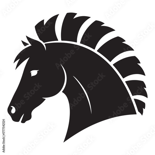Stylized mustang horse head with spiky mane, powerful equine mascot emblem, bold western logo vector
