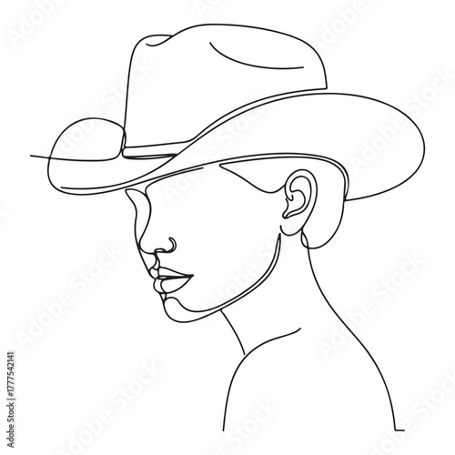 Cowboy profile portrait wearing wide‑brim hat, classic western rancher silhouette, country lifestyle vector