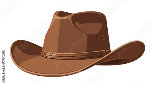 A brown cowboy hat with a stitched band and eyelets