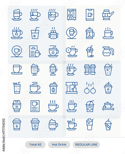 Hot Drink Vector Graphics Pack including 42 Regular Line Retina Ready PIXEL Perfect Icons
