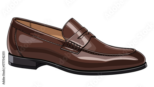 A brown penny loafer shoe with a black sole and heel