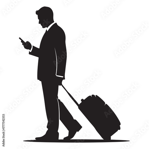 Business traveler walking with rolling suitcase and checking smartphone, corporate commute at airport vector silhouette
