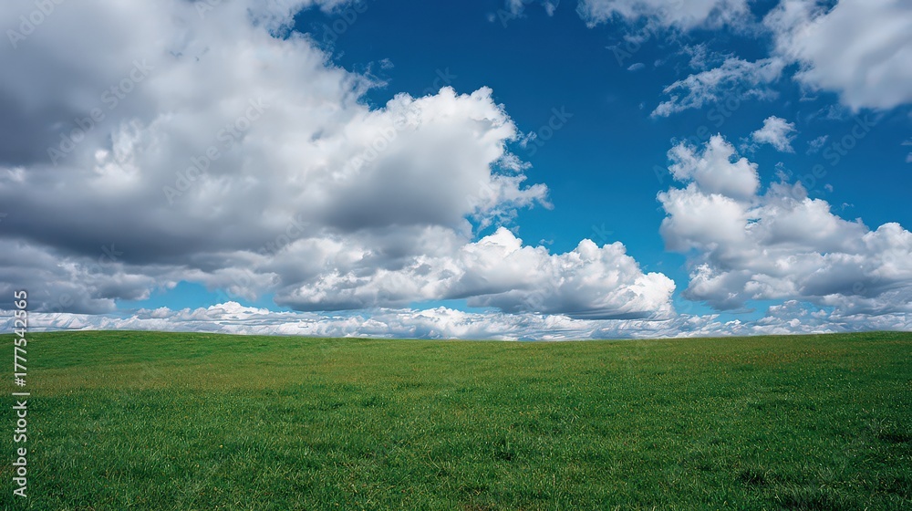 Fototapeta premium Vibrant Green Field Under a Dramatic Cloudy Sky Landscape Scene
