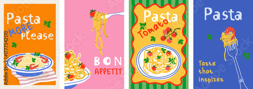 A set of minimalist posters featuring Italian pasta. More pasta, please. Bon appetit. Poster with pasta, shrimp, greens, and tomatoes for the kitchen, cafe, background, wall poster.