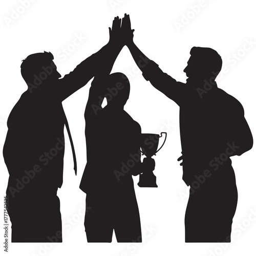 Team celebrating success with high five, coworkers collaboration and office teamwork motivation, business people silhouette vector