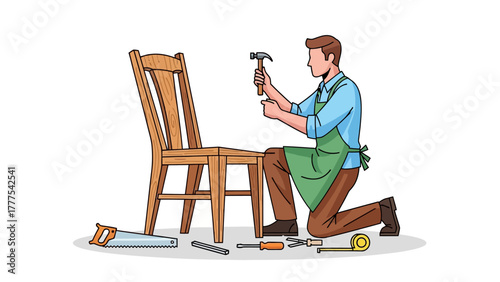 A carpenter kneels by a wooden chair repairing it with a hammer