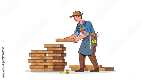 A carpenter places a plank on a wooden wall