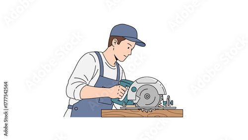 A carpenter with a circular saw cuts wood