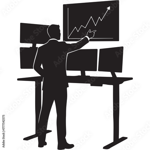 Stock trader or data analyst at multi‑monitor workstation reviewing charts, financial market dashboard on standing desk, silhouette vector