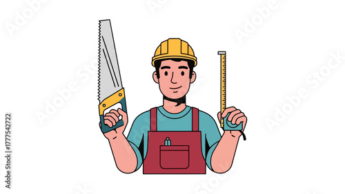 A cartoon construction worker holds a saw and measuring tape